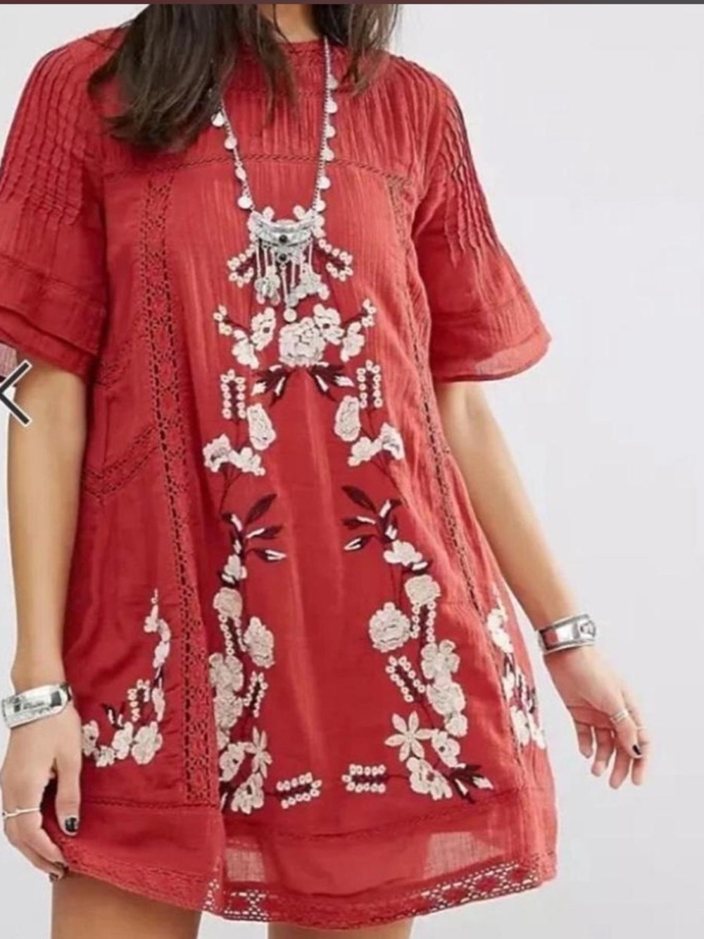 Embroidered Red Cotton Dress